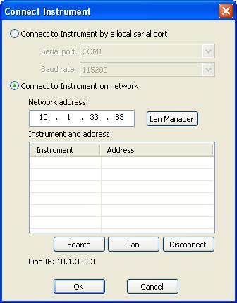 Manually Connecting to an 8821Q-R Once you have selected your network (during initial setup) or whenever you select the Connect Instrument Button, the Connect Instrument Window will appear.