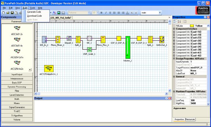 Drag/drop components Properties Window Process Flow Drawing Area Palette of Components Figure 4: PurePath Studio Features The environment defines various system parameters such as the sample rate.