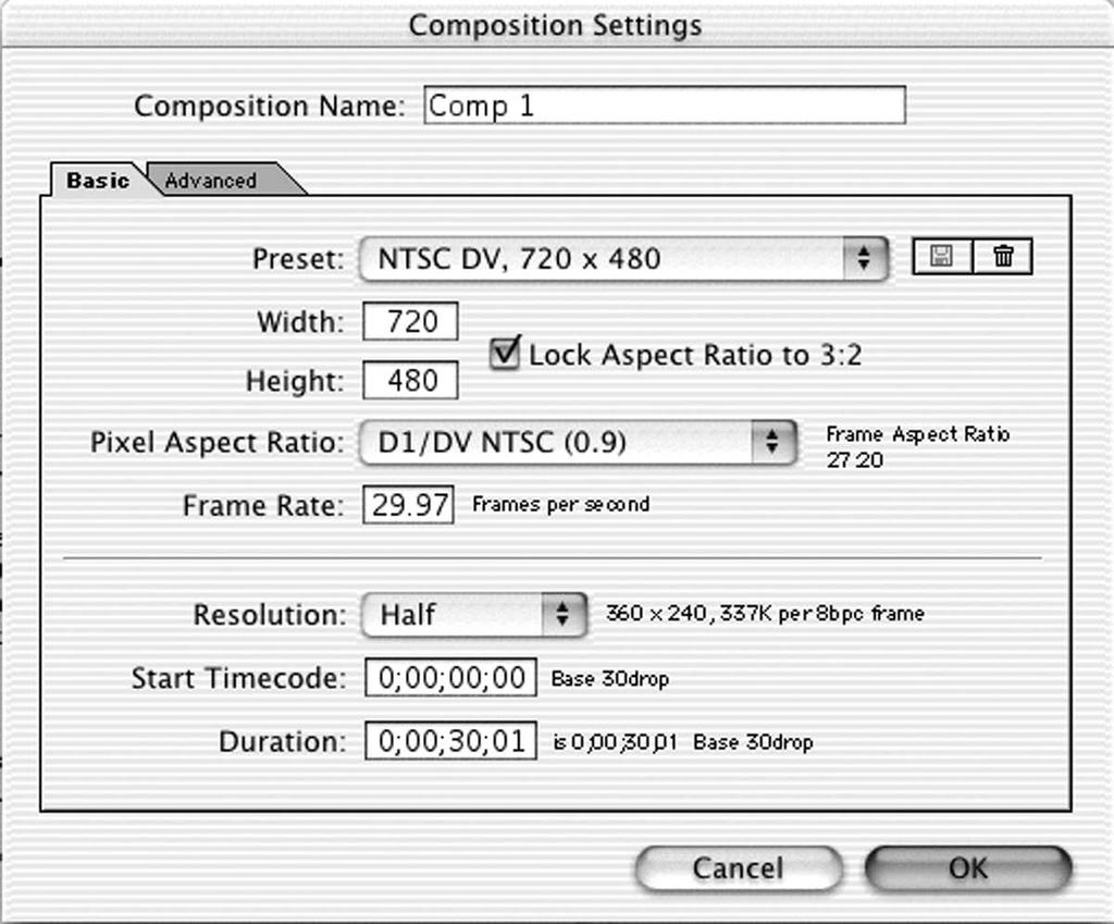 Figure 17.15 Most editing and effects packages now let you specify a pixel aspect ratio when creating a project. Shown here is the Composition Setup dialog from Adobe After Effects 5.5. If you re creating graphics in a paint, image editing, or 3D application, you ll need to do some extra planning if they re destined for videotape.