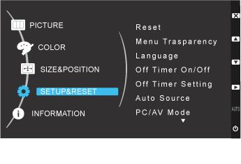 Adjusting the Monitor SETUP&RESET Menu Reset Description Reverts the product settings to factory defaults. Yes Menu Transparency Language No Change the transparency of the background of the OSD.