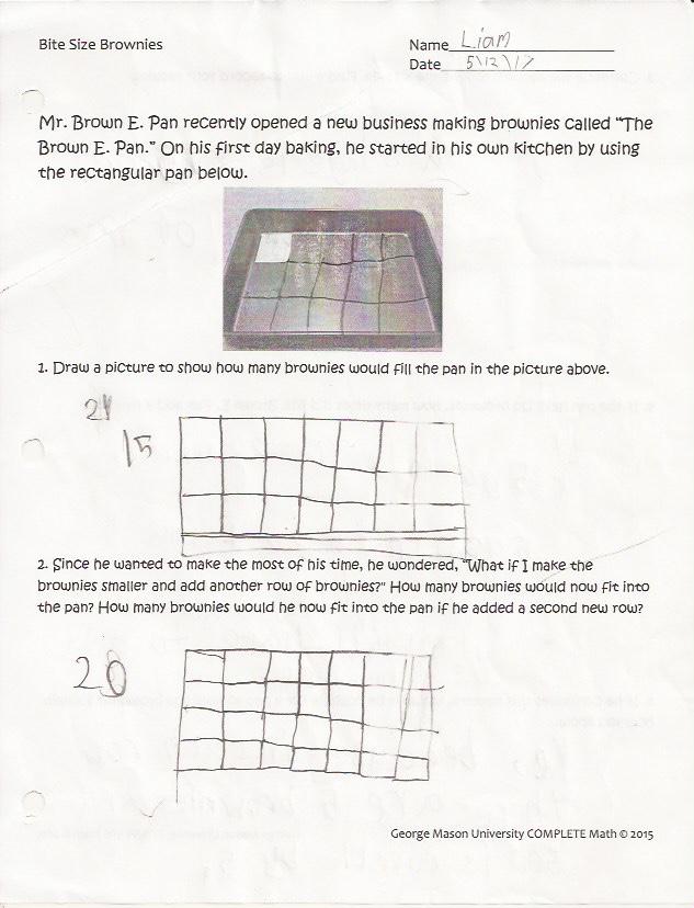 Student work 2 Teacher Notes: This student started off by drawing the brownies in the original pan.