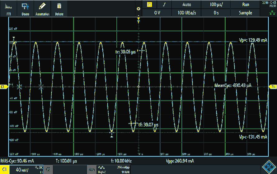 The oscilloscope captures and analyzes signals from analog and digital components of an embedded design synchronously and time-correlated to each other.