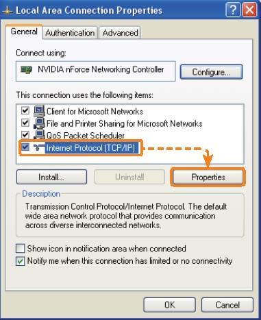 Step 2: Set the computer s IP Address. Highlight the Internet Protocol (TCP/IP) and click the Properties button.