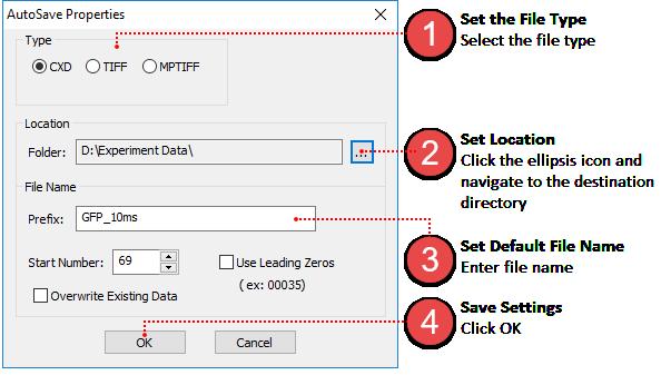 How to Use AutoSave In the AutoSave Properties dialog, the user can determine how and where to store the acquired data. Image data can be saved as a CXD, TIFF or MPTIFF.