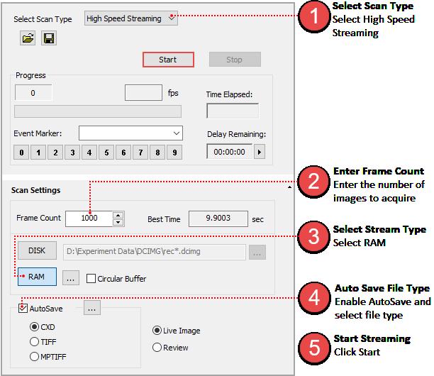 Steps for Streaming to RAM Acquired data is stored in memory with the option to review the image sequence before saving or deleting it.