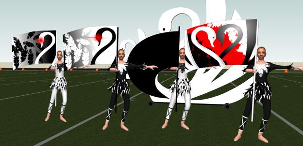 The guard design for Black Swan most clearly represents the dichotomy inherent in the program: one half of the color guard is costumed as the classic white swans, the other the more modern black