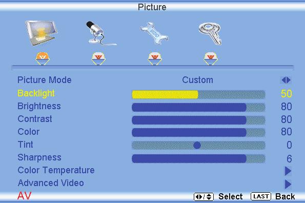 4.10 Video Input Picture Adjustment The Picture Adjust menu operates in the same way for Video Inputs (Component and AV) as for the DTV / TV input in section 4.2.
