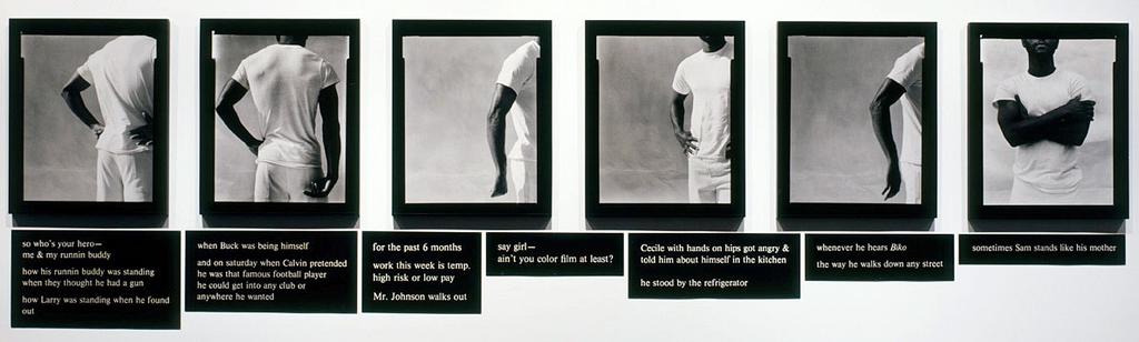 Lorna Simpson Gesture/Reenactments Lorna Simpson s work uses a variety of media, including photography, silk screening, moving image and text, to explore ideas of memory and identity.
