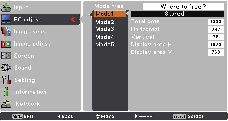 Mode free Store To store the adjusted data, select Store and then press the Point or the SELECT button.
