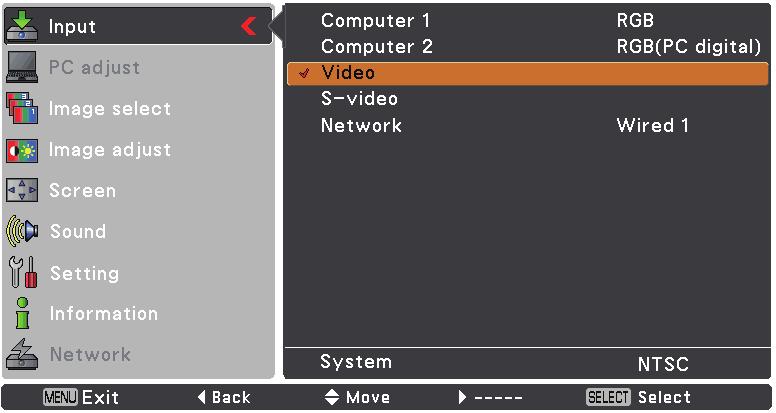 Video Input Input Source Selection (Video, S-video) Direct Operation Choose Video or S-video by pressing the INPUT button on the top control or the VIDEO button on the remote control.