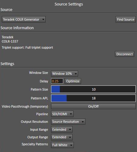 Figure 3. CalMAN Source Settings tab, for selecting test pattern output options. Session Setup - LUT Device connect On the Session Setup workflow page, click the Find 3D LUT Device button.