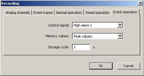 Recording Event Operation and Alarms If a binary signal is active, the recorder can be changed into event operation In this case memory value and cycle can be changed In our