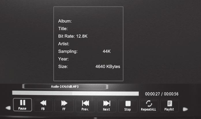 Select the music you want to play, it will show the music information (Album / Title / Bit Rate / Artist / Sampling / Year / Size). 6.