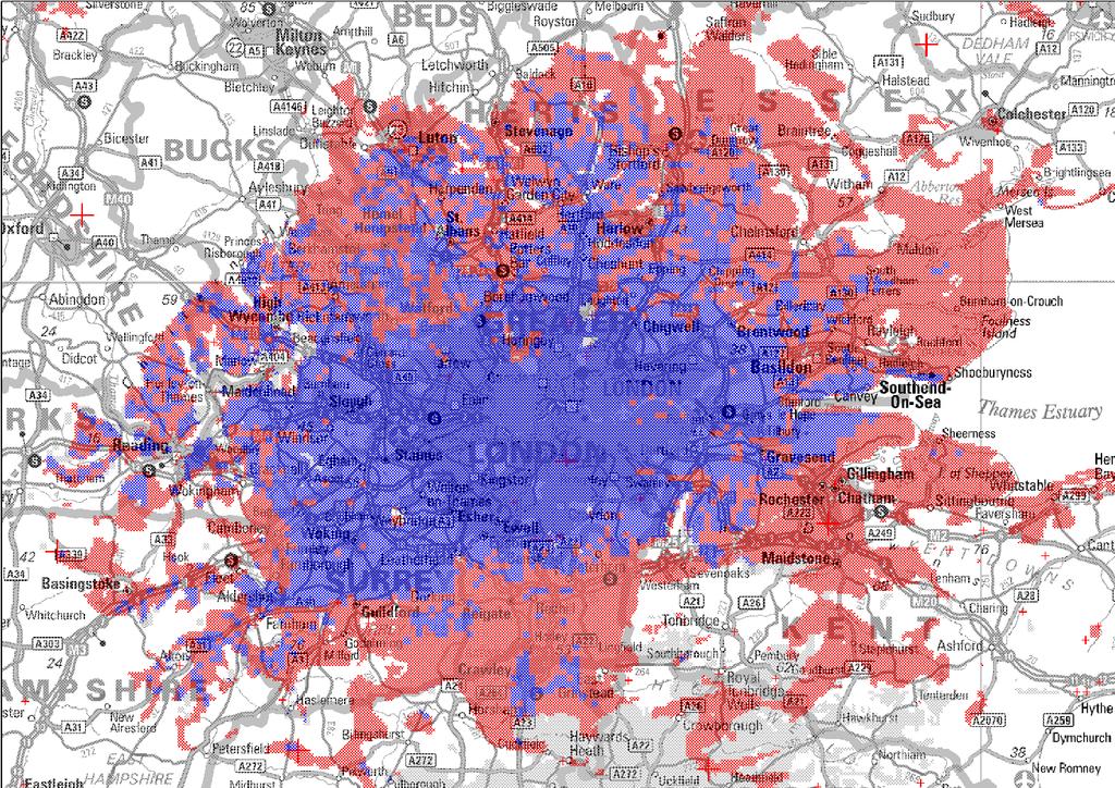This map tries to show why analogue conversions appear so attractive. The red area shows the approximate coverage of the analogue service in the London area from the Crystal Palace transmitter.