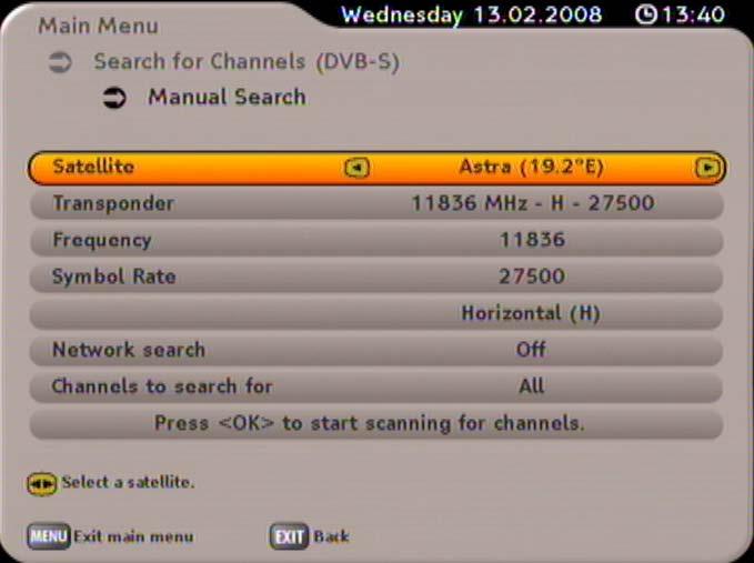 SEARCH FOR CHANNELS MANUAL SEARCH (DVB-S) SAT Using the setting Network search On, additional transponders, not yet saved can be found by the networking of the transponders.