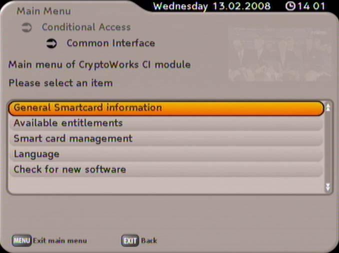 BOX SETTINGS CRYPTOWORKS - CI (CA MODULE) This menu informs you which CA module is fitted to your receiver and which Smartcard is present in the CI slot.
