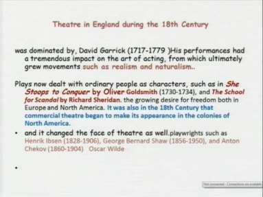 (Refer Slide Time: 34:25) The theatre in England during the 18thcentury, therefore, was dominated by the actor David Garrick.