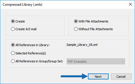 Select Compressed Library from the File menu in EndNote. You should see a screen like the one below. Leave the options as shown to save a complete copy of your library with all attachments.