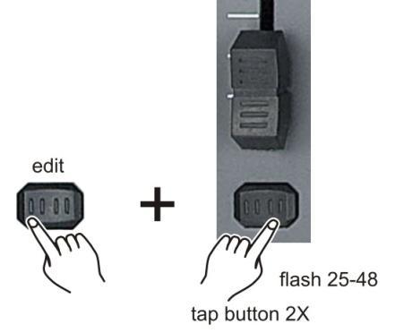 10. While holding either the up/chase rev (6) button or the down/ beat rev (28) button, tap the corresponding flash button to respectively increase or decrease that channel s DMX output. 11.
