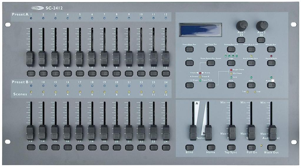 Description of the device The SC-2412 is a 48 Channel Lighting Desk Features 48 patchable channels & 2 Aux channels Easy to use Midi functionality 24 channel faders Clear LCD display Programmable