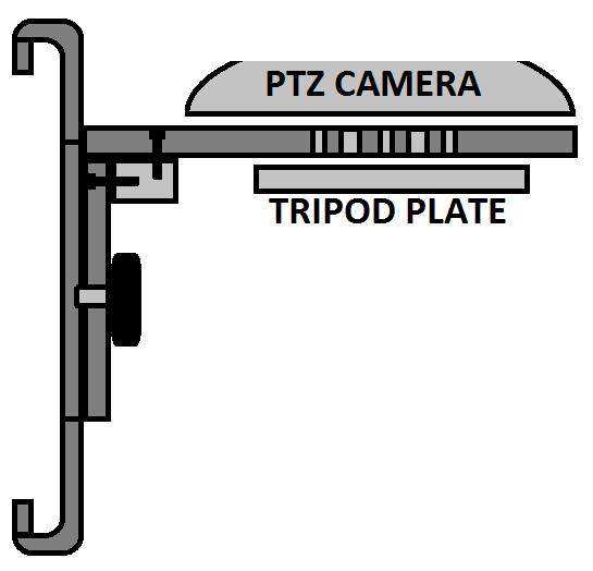 Normal tripod assembly 1. Secure the PTZ camera to the TP-150 horizontal plate, item A, using the mounting hole(s) in item A and the long countersunk 1/4 screw, item B.