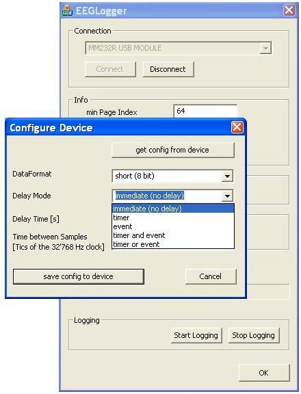 After pressing the Download data button, the name for the recording can be given. The data is saved in a hex file format. The download progress is indicated by a fill bar above the Logging section.