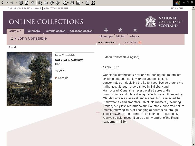 Figure 5. Catalogue screen (National Galleries of Scotland) Web resources (www.natgalscot.ac.