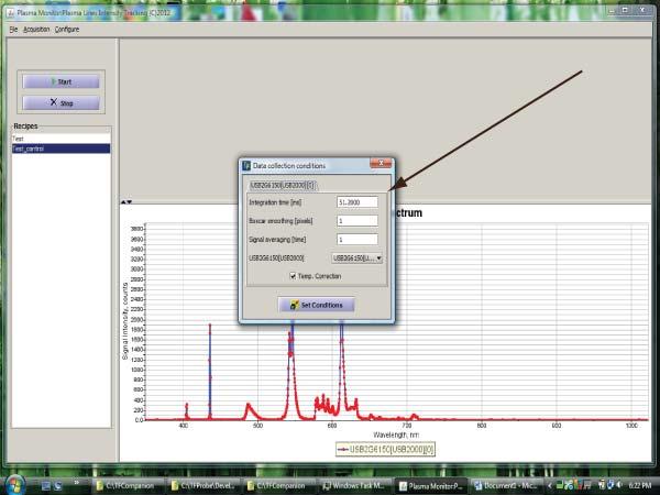This dialog is used to adjust spectrometer acquisition parameters manually to have a full range signal. This is mostly achieved by adjusting integration time.