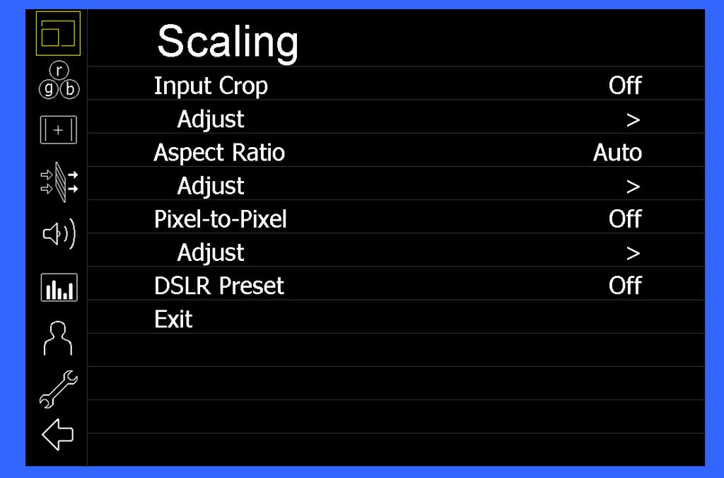 Scaling Submenu Signal Analysis Submenu Use the Scaling submenu to adjust various scaling options and to allow greater control of how your video signal is shown on the display.