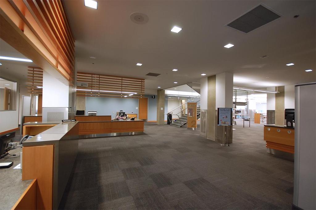 Level 2 Once in the library, the Reference Desk is to the left, the Circulation Desk directly