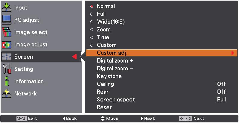 Computer Input Screen Size Adjustment Select the desired screen size that conforms to the input signal source. Press the MENU button to display the On-Screen 1 Menu.