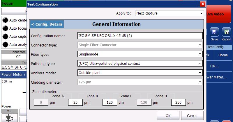 Setting up Your Fiber Inspection Probe and ConnectorMax2 Managing and Selecting Test Configurations Analysis mode: Select the type of analysis between Outside plant (selected by default) and