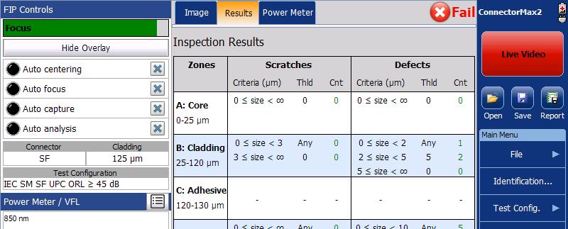 Inspecting Fiber Ends Analyzing Captures The Results tab shows detailed information for scratches and defects detected in each