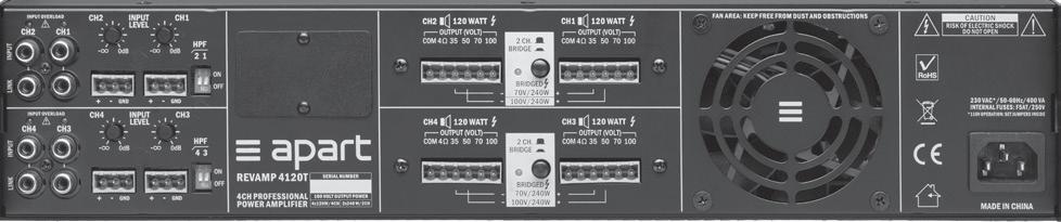 KONEKCIJE: 1 3 5 7 10 11 12 13 4 9 2 6 8 14 Samo su kanali 1 i 2 opisani. Kanal 3 i 4 funkcionalno su istovjetni kanalu 1 i 2. 1. Kanal 2 - OVERLOAD LED : Aktivacija signalne LED svjetiljke označava preopterećenje na audio ulazu.