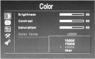 COLOR After selecting "Color" mode on the OSD, use push + or - to adjust. or to select and then 1. Brightness: adjusts the brightness of the image 2. Contrast: adjusts the contrast of image 3.