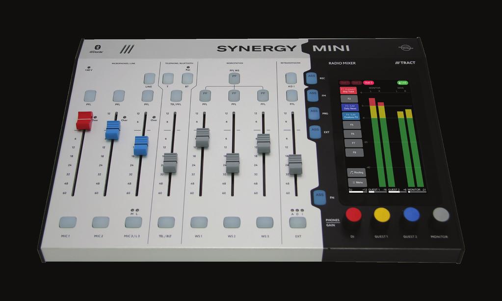 SYNERGY MINI has 8 fader channels: DJ microphone First guest microphone Second guest microphone (switchable to line input) Telephone (Bluetooth or