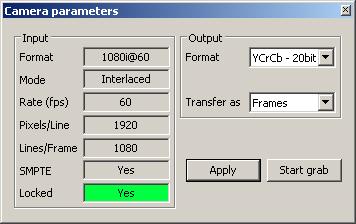 Camera Parameters Input section Reports the operating parameters of the attached camera.