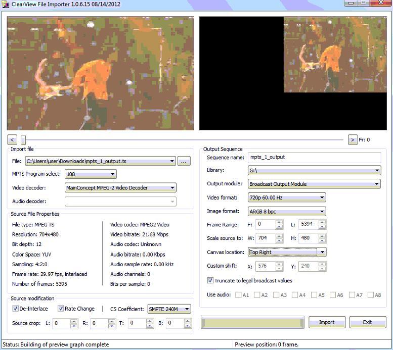 File Importer Settings: 1. Import Source video file 2. Expand MPTS Program Select list and select 108 value 3. Select SMPTE 240M as CS Coefficient. 4. Select Library path: G: 5.