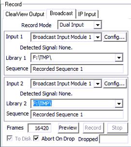 Figure 50: Record 2 Broadcast Inputs Record Broadcast Input While Playing The Broadcast tab Record Mode Input/Output records the video sequences as sensed on the Input selected.