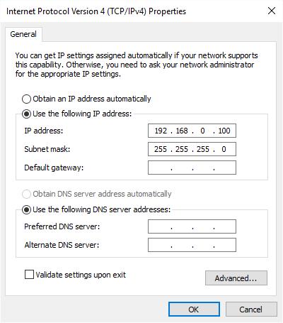 The fourth octet should be a different number for the PC and switcher. In the example below, we have entered an IP address of 192.168.0.100 with the Subnet Mask of 255.