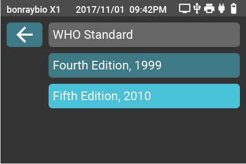 (If the Fourth Edition/1999 is clicked, the analysis screen will display relevant analytical values of WHO 4th whereas if the Fifth Edition/2010 is clicked, the analysis screen will display relevant