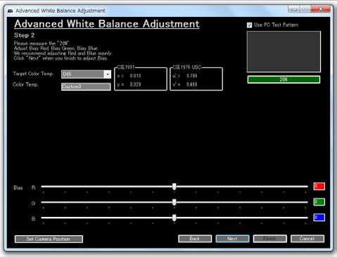 16 4-3-5. Advanced White Balance Adjustment 4-3-5-1. Choose Target Color Temperature. Note: The target values are different for laser light source models 4-3-5-2. Measure 20% Gray to adjust Bias.