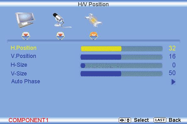 4.11 Video Input Setup The Setup menu operates in a similar way for Video Inputs (Component and AV) as for the TV input in section 4.4. The menu difference is that there is an auto phase setting under the H/V Position submenu when using Component input.