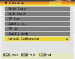 - Single Search - Multi Search - TP Scan - Satellite List - TP List - Satellite Guide - Unicable Confi guration OSD 39 OSD 40 OSD 41 