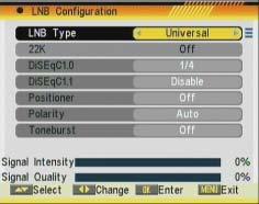 In this menu, next options can be modifi ed: - LNB Type: Press [ ] to switch among Standard, User and Universal mode. If you select Standard or User, the frequency of the LNB can be changed.