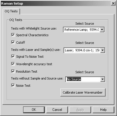 OQ Tests Figure 10: OQ test setup for Raman Tests which are not available for the selected instrument type are disabled, all the other tests are activated.