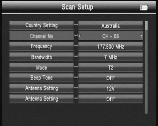 1 CHANNEL FIND Select Channel Find, then press OK into the Scan Setup. 3.1.1 COUNTRY SETTING Press AB key to change the default country. 3.1.2 CHANNEL NO Press AB key to change the channel number.