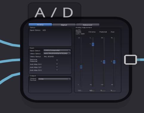 A/D Converter Control The A/D converter control is divided into three tabs: - Analog Settings relevant for the analog video input (e.g. analog video input type selection, Chroma, Pedestal, Hue, etc.).