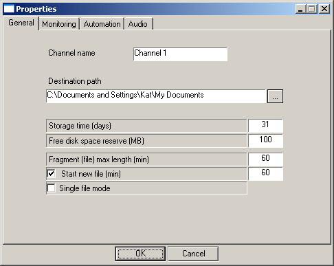 Fig. 5. The Logger channel settings window Destination path. The path to the file system directory, in which the recorded audio files are to be stored.