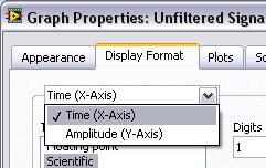 Complete the following steps to change the format of the x-axis and y-axis of the Unfiltered Signal and Filtered Signal graphs. a. On the front panel, right-click the Unfiltered Signal graph indicator and select Properties from the shortcut menu.